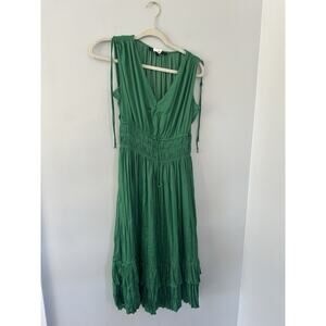 White House Black Market Dress Green Midi Crinkle Pleated Size Xs